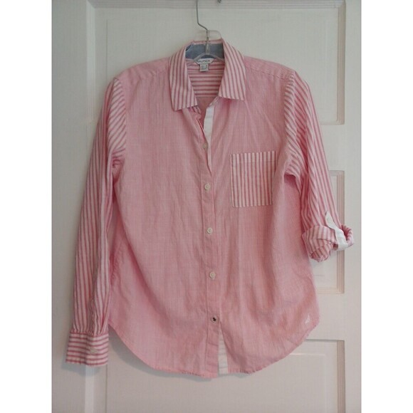 Nautica pink stripe buttondown shirt womens M cotton beach Coastal Granny preppy - Picture 1 of 11